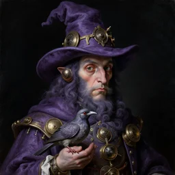 a baroque close - up portrait painting of a dark purple whimsical steampunk wizard holding a bird. black background. highly detailed science fiction painting by norman rockwell, moebius, frank frazetta, and syd mead. high contrast. renaissance masterpiece. artstation