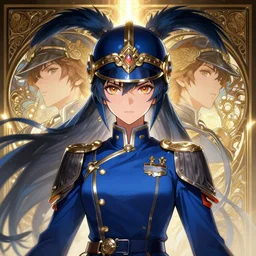 symmetry!!!!!! beautiful anime soldier girl close portrait, sci - fi, blue uniform, wearing ornate helmet, ultra detailed, elegant, intricate, anime, dynamic lighting, dnd, glowing lights, digital art, digital painting, artstation, wlop, sharp focus, illustration, art by artgerm and greg rutkowski and alphonse mucha, 8 k