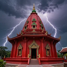 red temple with green details, thunderstorm, hyperdetailed, trending from arstation, HD screenshot
