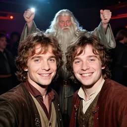 nightclub selfie of frodo and pippin smiling, gandalf behind them dancing, bright flash, high saturation, vivid colors, wide - angle lens, tolkien, lord of the rings, 4 k