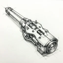 concept art of futurist weapon, sketched with pencil, blueprint, hyper detailed, intricate lines drawing, handmade