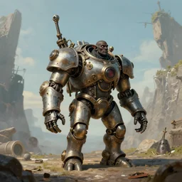 wide shot, small halfling black - skin! man strapped in a steampunk large exoskeleton, painting by dave dorman and daniel docciu