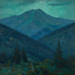 caucaus mountains at night bathed painted by christian mystic arkhip kuindzhi with a teal palette