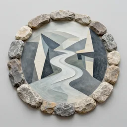 a small circular refuge of rocks was carved out by the river, abstract art in the style of cubism and georgia o keefe