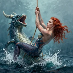 conceptual art of the norwegian sea monster draugen beneath the water, scarlet johansson holding on to a rope fighting for her life above the water greg rutkowski and ilya kuvshinov, masterpiece illustration, ultrarealistic, perfect face and anatomy, golden ratio