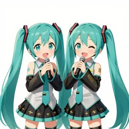 hatsune miku and gumi, singing together, cute, wholesome, fun, cute sketch, 4k, vibrant, vocaloid, anime key visual, trending on artstation