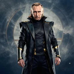 putin as loki, still from avengers film, cinematic, movie poster
