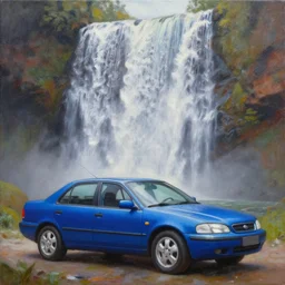 a painting of a blue car in front of a waterfall, a fine art painting by mac conner, featured on deviantart, fine art, wallpaper, masterpiece, art