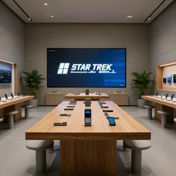 (2050s Microsoft futuristic Star Trek 2021 retail interior. Mobile phones. large oak tables, empty stools, fragrant plants, large digital screens) muted palette, architectural photography, wide shot, XF IQ4, 14mm, f/1.4, ISO 200, 1/160s, 8K, RAW, unedited, symmetrical balance