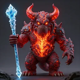 big lava monster with a ice cane and it has big lava horns on its head, realistic, 8 k, extremely detailed, cgi, trending on artstation, hyper - realistic render, by greg rutkowski