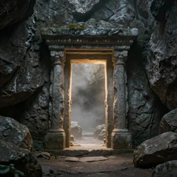 a stone portal glowing from within, in a cave, foggy, surrounded by rocks, art by greg rutkowski