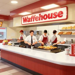 wafflehouse interior, wafflehouse employees cooking food on a flat top grill behind countertop bar
