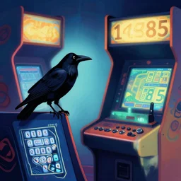 a raven on the side of an arcade cabinet 1 9 8 5 - h 6 4 0