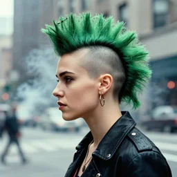 photo of punk girl with green mohawk, 20yo, profile pose, MCU, high detail, city background, smoke, 1977, 35mm, f/2, ektar