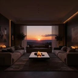 3 d render of a very dark dreamy sunset modern luxury maximalist living room, candlelight, sunset glow, dark shadows, octane render, volumetric lighting, raytracing, symmetrical wide shot low angle