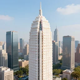 a skyscraper made out of marshmallow amongst real skyscrapers, 8k, realistic, sunny