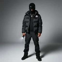 photography of a man full body in the camera named yeat wearing a black fuzzy skimask with black sunglasses on, wearing a black moncler × ding yun zhang, maximum detail, quality, high quality, flashlight, noise, wide lens
