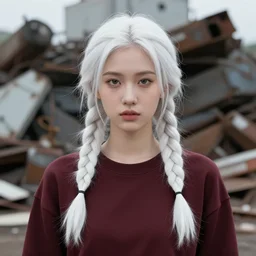 8 5 mm young woman portrait, scrapyard, braided white hair, clothing, richard avedon, martin schoeller, oleg bulakh, id magazine, epic scene, david cronenberg, kilian eng vibrant colours, dynamic lighting, intricate illustration, detailed, emanuele dascanio, dan mumford, artstation, greg rutkowski, sharp focus, photoreal, 8 k
