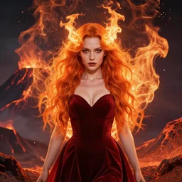 style artgerm, joshua middleton, beautiful kristen bell with dark red dress, very long orange hair, symmetrical face, symmetrical eyes, fire powers fire swirling, detailed, volcano setting, [ potato ] cinematic lighting