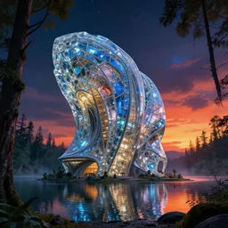 architecture by gordon bunshaft, futuristic dramatic lighting made of glass cgsociety crystal dieselpunk assassin's creed lake cosmic water steampunk wilderness at summer at night reclaimed by nature evil forest thermal vision sunset magic realism, archdaily, wallpaper, highly detailed, trending on artstation.