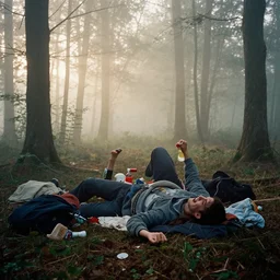 euphoric bedlam depicting chaos at sunrise in a foggy forest