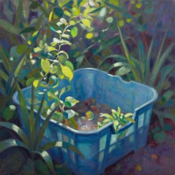 plastic garden. oil painting by award - winning comic artist. backlighting, chiaroscuro, depth of field, luminescent colors.