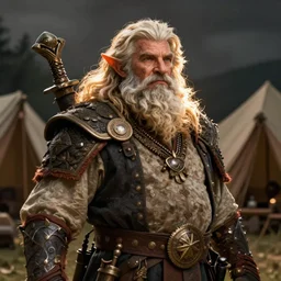 DnD character art of a gruff dwarf adventurer mentor at a camp