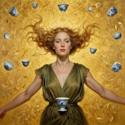 epic painting, full figure portrait of beautiful goddess face wearing olive dress, flying porcelain teacups, drawing, photography by amy leibowitz, wlop, jeremy lipkin, beeple, intricate golden fractals, team leaves flying in the sky, symmetrical front portrait, artgerm, golden glowing background