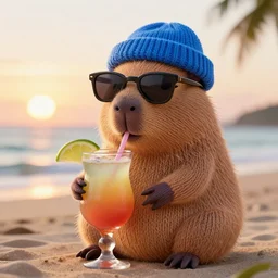 a photorealistic photograph of a knitted cute Capybara dressed in sunglasses and wearing a blue beanie cap. Subject is sipping a refreshing Mai Tai drink cocktail at the beach during sunset. This image is Trending on Artstation, featured on Behance, well-rendered, extra crisp, features intricate detail, Unreal Engine, 4K HD