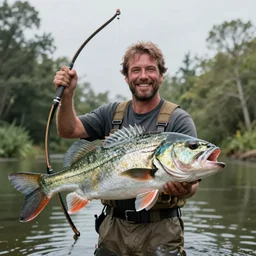a picture of a very happy fish holding a gigantic man it just caught with its fishing bow. high quality outdoors photo, animal photography
