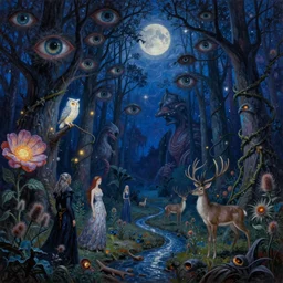 painterly dreamy Kupala Night in the blue forest with trees with many huge eyes, giant flowers, glowing owls, deers, women, lianas, thistles, giant fantasy creatures, a stream and sky with moon and stars by Beksinski, Alex Grey, Aron Wiesenfeld and Giger dark fantasy, witcher, very detailed oil painting in the alla prima style, masterpiece, 8k