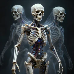 bone and teeth with cosmic circuitry and futuristic technology rearranging body form, ghostly figure, morphing skulls, an evolution of evil, abstract, voodoo, by antoine wiertz and noah bradley, visually stunning, cinematic, ultra realistic, hyper realism, 1 2 k, epic, octane render, unreal engine, vfx, maya