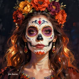 Illustration of a sugar skull day of the dead girl, art by jim burns
