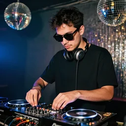guy with sunglasses mixing music in the disco