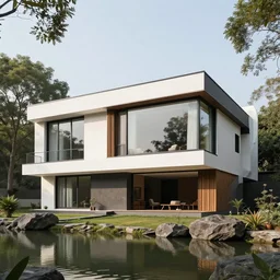 a beautiful contemporary masterpiece modern art deco house with large windows, on a lake, surrounded by trees and rocks, in central india, by alex webb, by gregory crewdson, featured on architecture daily, shot on large format film, kodak porta, 4 0 0 iso, grainy, cinematic composition, beautiful lighting, no frames