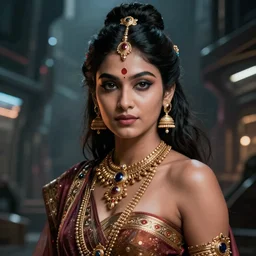a high detailed ultrealistic portrait of a sexy female model with hindu feautures cyberpunk in a dystopian world