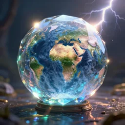 a magical and exquisite fantasy illustration of an intricate and faceted crystal ball with a world inside of it + in water + prism + god rays + dramatic lightning + backlit + specular highlights + ambient occlusion + global illumination + bump map + reflective + caustics + refractive + unreal engine 5 + DOF + sharp focus, digital artwork by Peter Mohrbacher and Greg Rutkowski