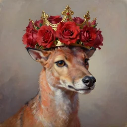 lynx wearing a crown!! made out of roses, crown!!! of roses, an expressive oil painting, high quality art,