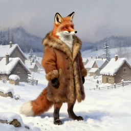 an anthropomorphic fox man wearing a long fur coat in a snowy village, character illustration by thomas kinkade, Franz Xaver Winterhalter, William-Adolphe Bouguereau