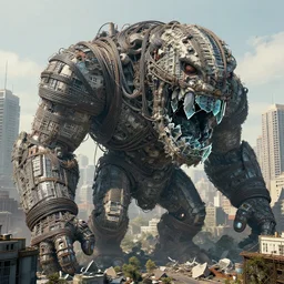 colossal monster made of large buildings, wrapped in heavy cables and wires and rubble, with broken glass teeth, digital art, intricate detail, artstation, 4 k