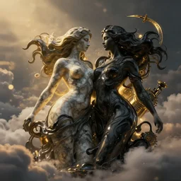 epic illustration, abstract sculpture of beautiful two female bodies and black swirling liquifying acrylic portrait, fluffy clouds, mechanical superstructure, glowing edges, golden hour, beautiful light, sculpture of carving marble, dark colors, dark mood, one point light, golden spirals, clockwork, epic matte painting, concept art, bokeh, digital painting, best asian animators