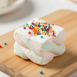 photograph of a marshmallow cube on a wooden chopping board, styled food photography, colorful topping, photorealistic, 4 k