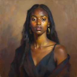 portrait in daring femininity, ethnic, statuesque, confident face, warm glow, bathed in morning light, captured memory, painterly, radiosity, impressionism, warm earthy natural color scheme with cool highlights, modern fashion, contemporary art, deep rich hues, oil on canvas