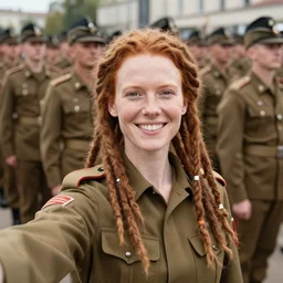 skinny redheaded soldier with long dreadlocks takes a smiling selfie in front a military parade, high detail, full focus, time magazine 2 0 2 2