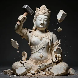 studio photography of an smashed ancient idol statue getting hammered into pieces, cracked, destroyed, dramatic lighting