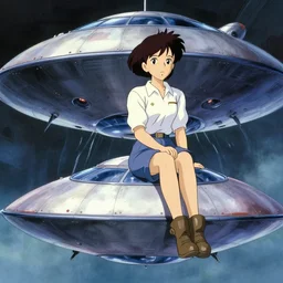 a film still of a 1 9 5 0's mechanic anime girl sitting on top of flying ufo landing in hangar of giant ufo spaceship, finely detailed features, full body mid shot, detailed smooth face, perfect art,, trending on pixiv fanbox, painted by gaston bussiere, makoto shinkai, akihiko yoshida, gaston bussiere, craig mullins, studio ghibli