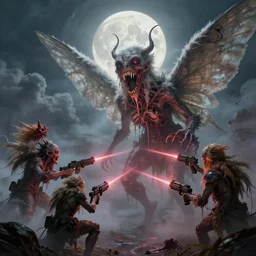concept art of giant mutant fairy attack, lovecraftian, lots of teeth, melting horror, fluffy feathers, round moon, rich clouds, fighting the horrors of the unknown with laser guns, high resolution, very detailed, colorful, roaring, volumetric light, mist, grim, fine art