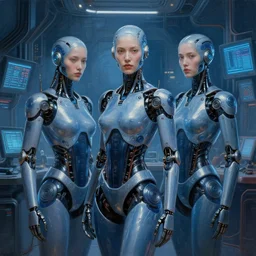 hyperrealistic and beautiful painting of cybernetic humans in a technological and gritty room, technological lights, screens, cyberpunk style, 8 k resolution, by hugh ferris and john smith, polished, fine detail, intricate, blue color scheme, cyberpunk style, smooth, octane, concept art, trending on artstation