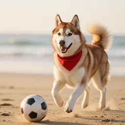 a hsppy caramel husky wearing a red bandana, playing soccer on the beach, Golden hour, bokeh , 4k
