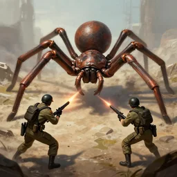 a trio of soldiers fighting a giant armored spider, digital art, trending on artstation
